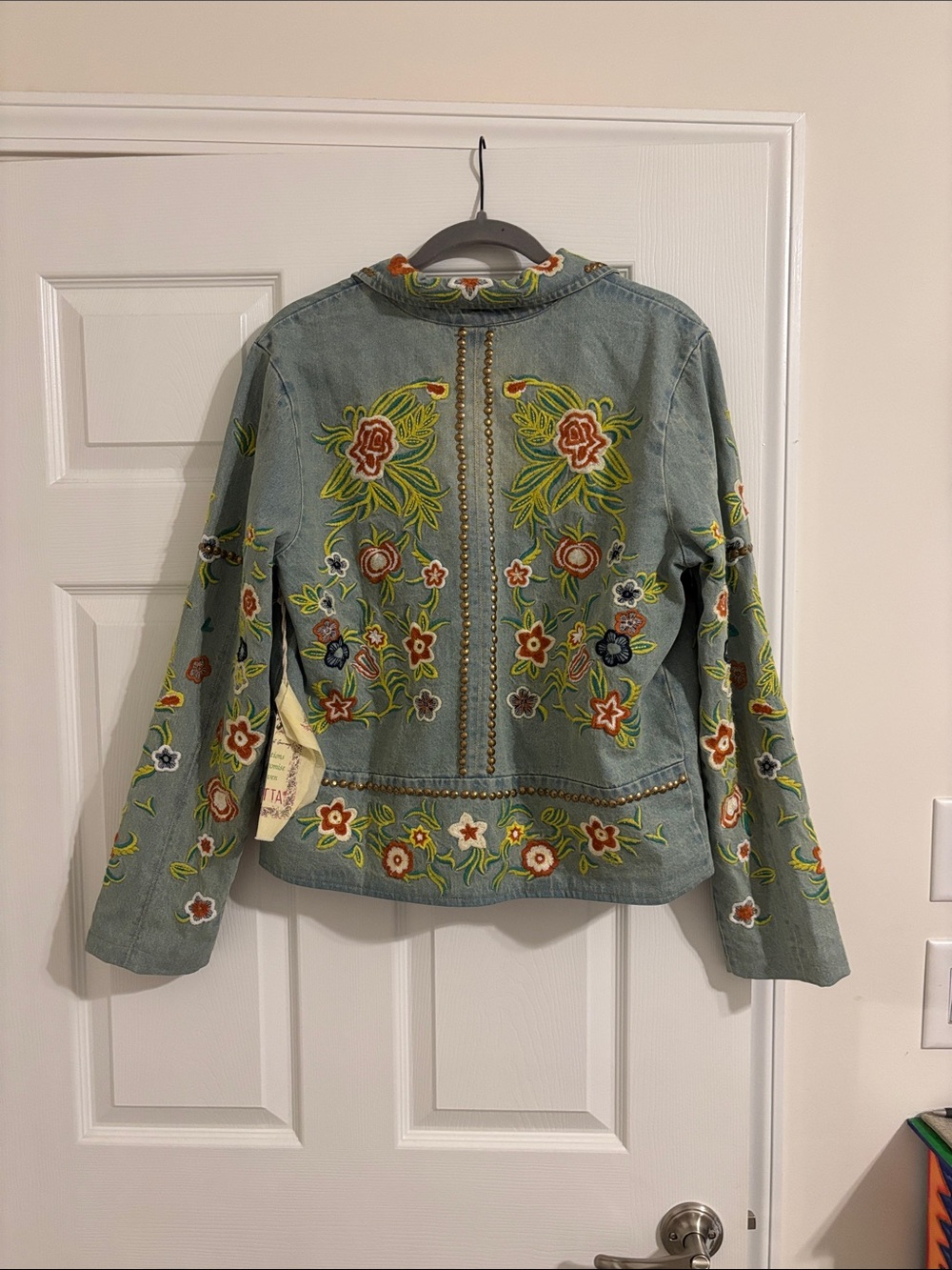 Embroidered Floral Light Blue Jean Jacket by Aratta - Picture 6 of 7